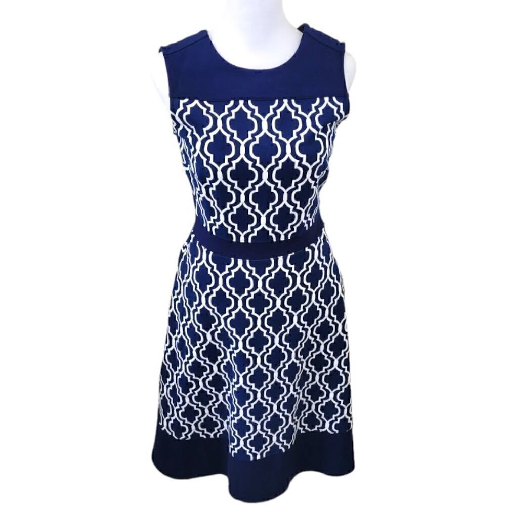 Land's End Fit & Flare Dress  Sleeveless Geometric Print Stretch Navy Size 2